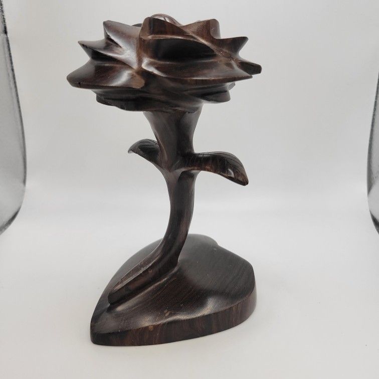 Vintage Hand Carved 6" Single Dark Wooden Rose with Heart Shaped Base