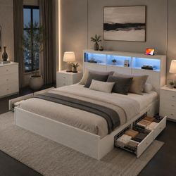 🔥KING Size Bed Frame with Headboard Lights and bookcase storage, White L-18