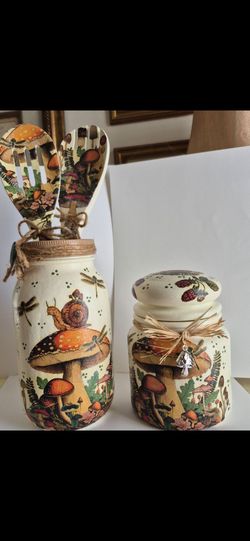 Handmade Decoupage Mushroom Jar Set with Utensils