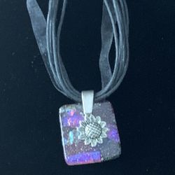 Purple And Silver Sunflower Pendant Necklace w/ Ribbon Chain