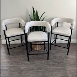 LUE BONA Barrel Bar Stools Set of 3, 26'' Modern Barstools with Arms & Metal Frame, Chenille Counter