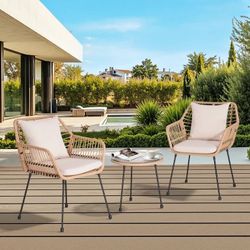 K467 $90  3 Piece Outdoor Wicker Bistro Set, Rattan Outdoor Furniture Wicker Patio Set with Coffee Table, Cushions and Lumbar Pillows  Our Vitarpatio 