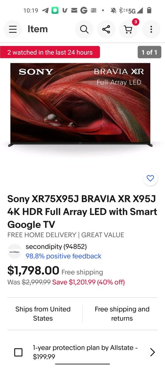75 Inch Sony X95j Open Box Full Array 4k