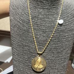 10k Gold SOLID Rope Chain And Double Sided Pendant Combo Deal For A Good Price!!