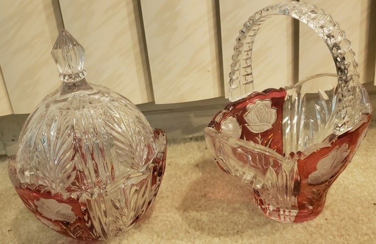 Vintage Anna Hutte Rosaline Rubin Lead Crystal Vase Floral Rose Basket Bowl With Bowl