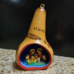 Vtg gourd carved with nativity scene St. Kitts Christmas ornament