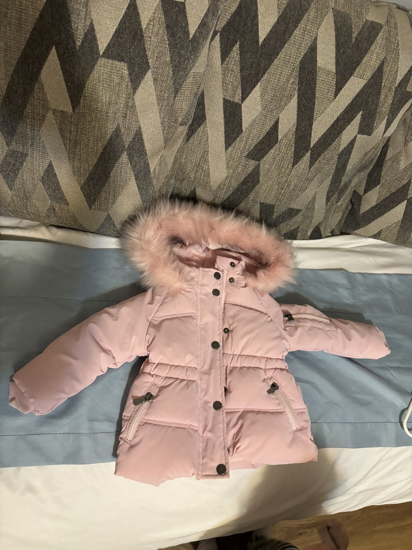 Pink Winter Puffer Coat with Fur Hood