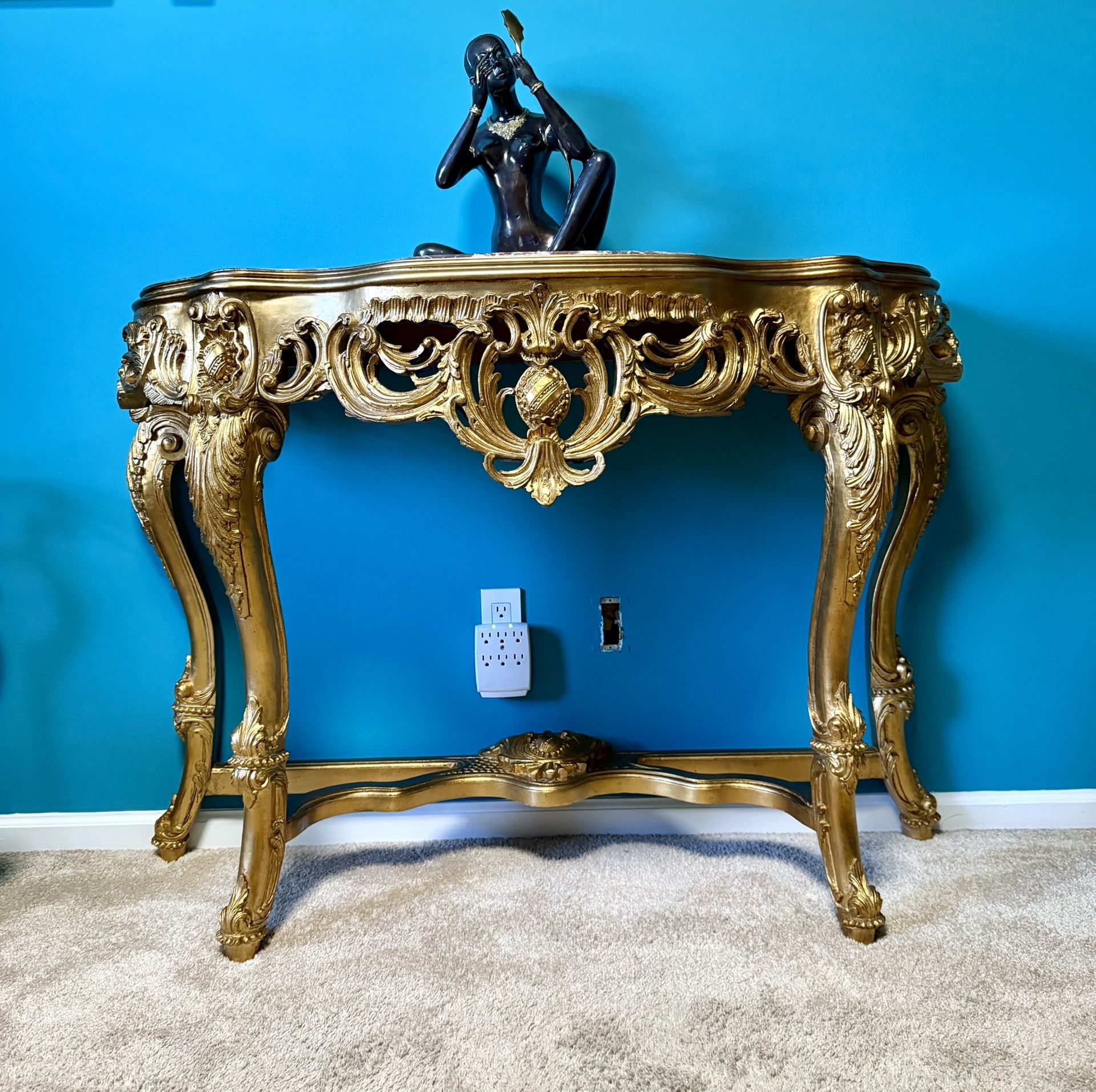 Gold Gilded Wood Carved Console Table with Marble Top