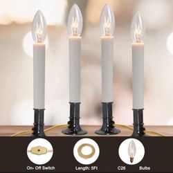 Set Of 4 Electric Window Candles with Nickel Plated Base, Electric Window Candle Lamp Lights Plug in with 7 Watts C26 Light Bulbs, Turn On/Off Switch