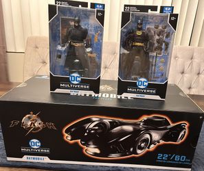 DC Multiverse McFarlane Batman 1989 Batman Begins Action Figures and Batmobile Vehicle brand new