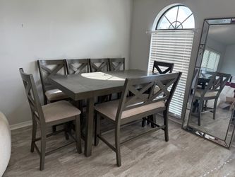 Dining Room Table, 6 Chairs, and Bench