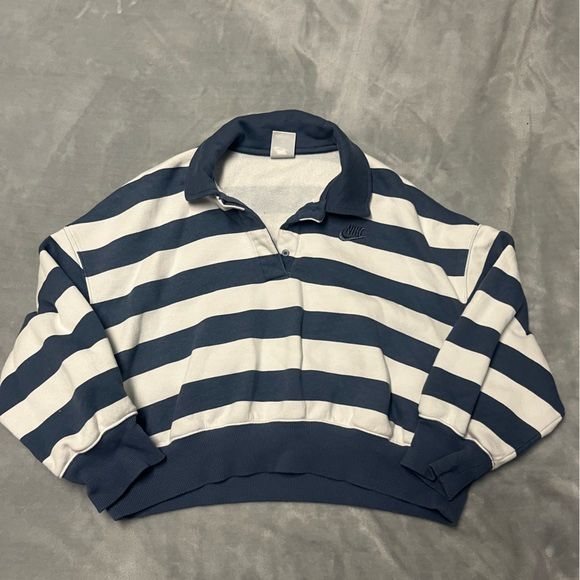Nike Blue and White Striped Polo Shirt Crop