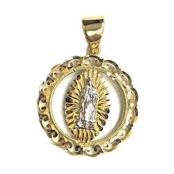 Elegant round Guadalupe religious pendant 14K REAK YELLOW & WHITE GOLD.