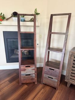Pair of Solid Wood A-Frame Ladder Bookcases with Drawers | Rustic Shelves