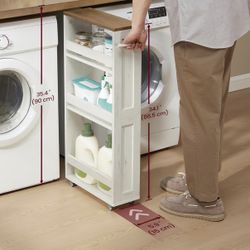 White 4-Tier Slide-Out Storage Cart, Slim Kitchen Cart for Small Spaces, with Wheels, Handle, Bathroom, Laundry Room, 5.9 x 17 x 34.1 Inches, Rustic W