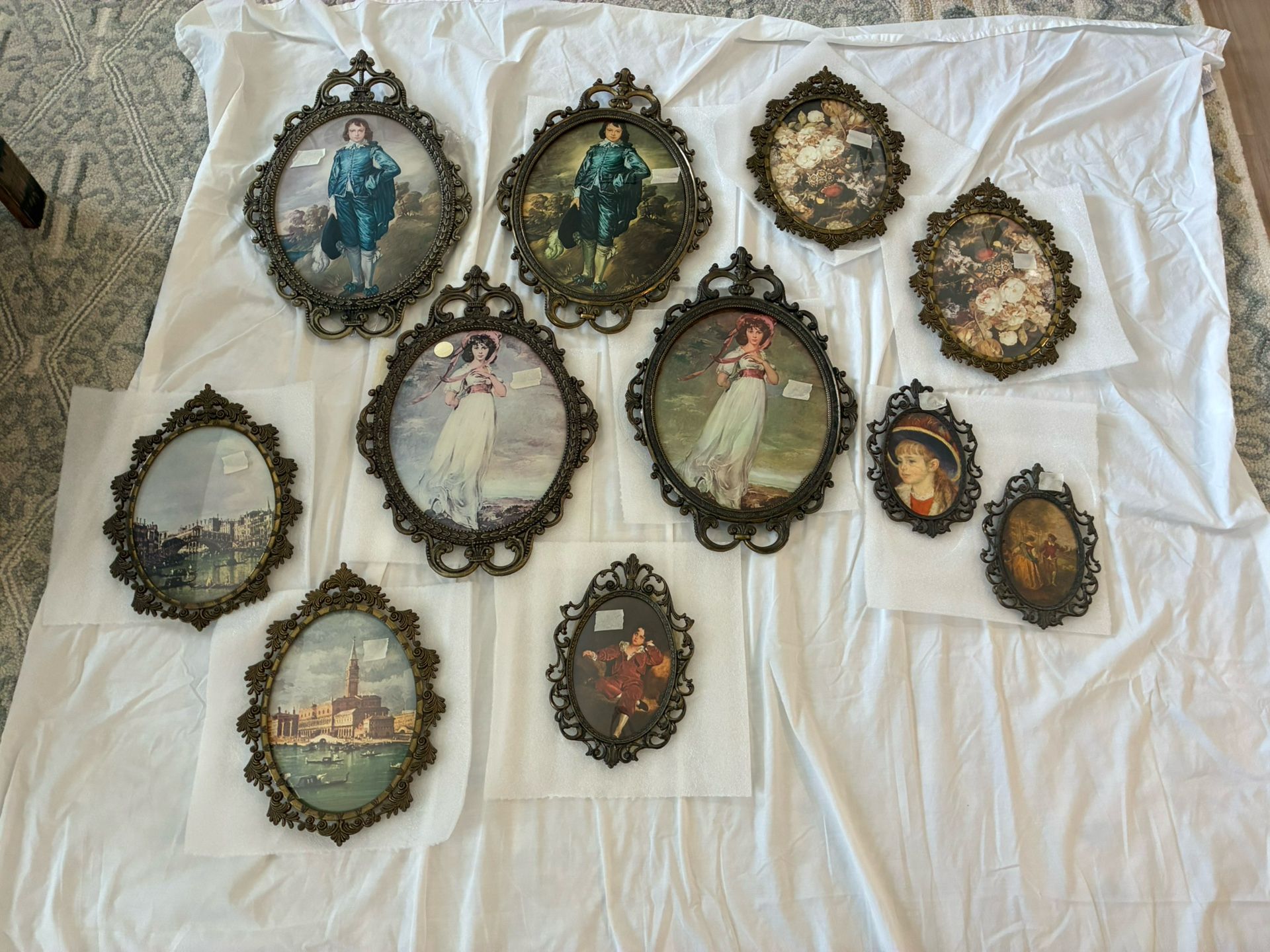 11 - Antique Brass Made Italy Handmade Convex Glass Art Frames Art Blue Boy Pinky Venetian Cityscape