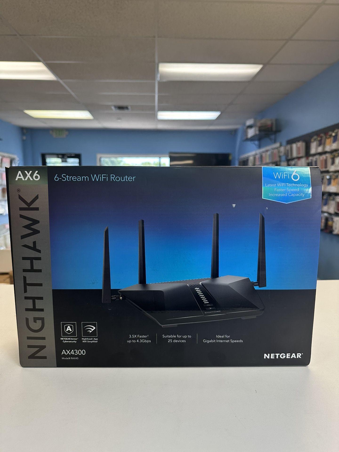 NETGEAR NIGHTHAWK AX6 AX4300 6 STREAM WIFI ROUTER. -- Model RAX45