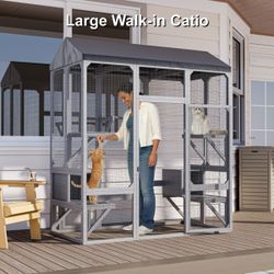 Wooden Cat house, 72” Cat Catio Outdoor, Cat Enclosure, Large Cat Catio for Multiple Cats, Outdoor Cats Enclosure with Waterproof Cover, Gray, NEW