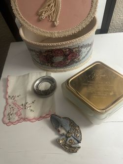 Vintage Vanity Lot with Hat Box and Perfumed Powder