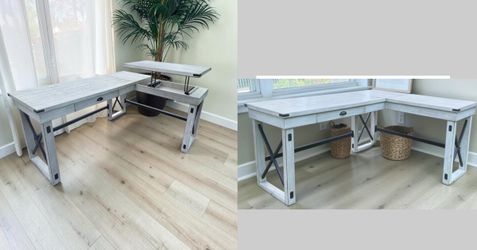 Rustic White Wood L Shaped Office Desk With Lift Top