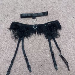 New Small Black Lace Garter Belt Choker Lingerie Set 
