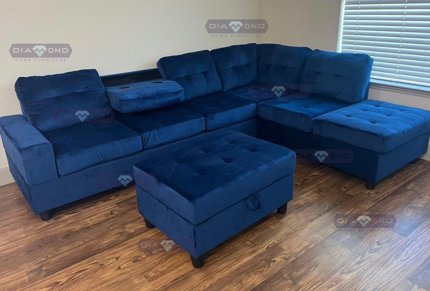 HEIGHTS BLUE VELVET SECTIONAL W/ OTTOMAN 