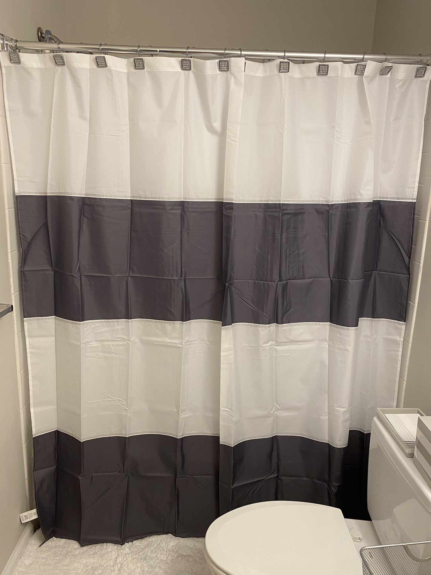 Gray and white shower curtain