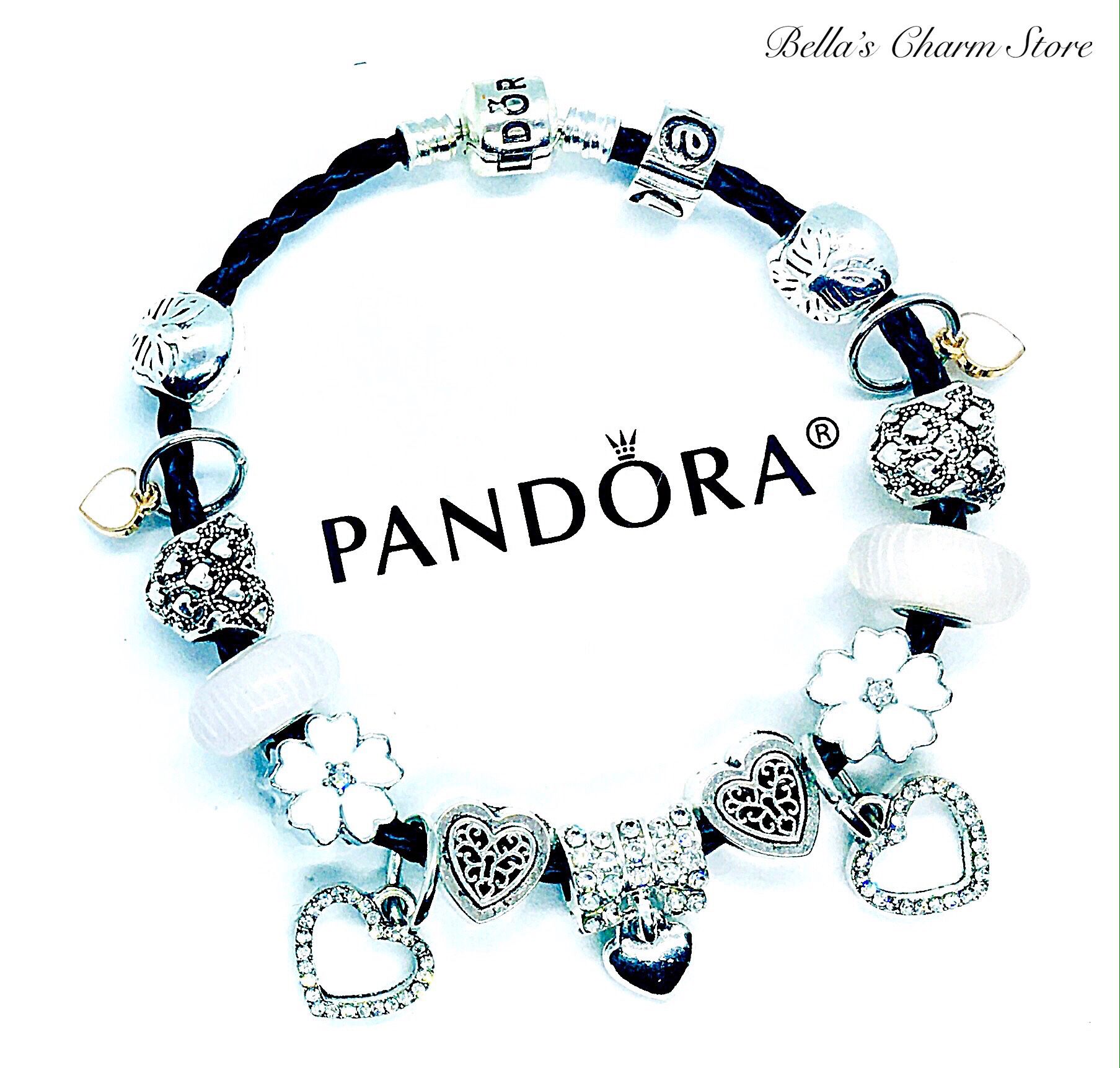 Pandora Black Leather Bracelet With Beautiful Silver and White Charms