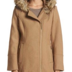 Michael Kors Sz 2 Asymmetrical Zip Coat Camel Tan Wool Jacket Faux Fur Hooded