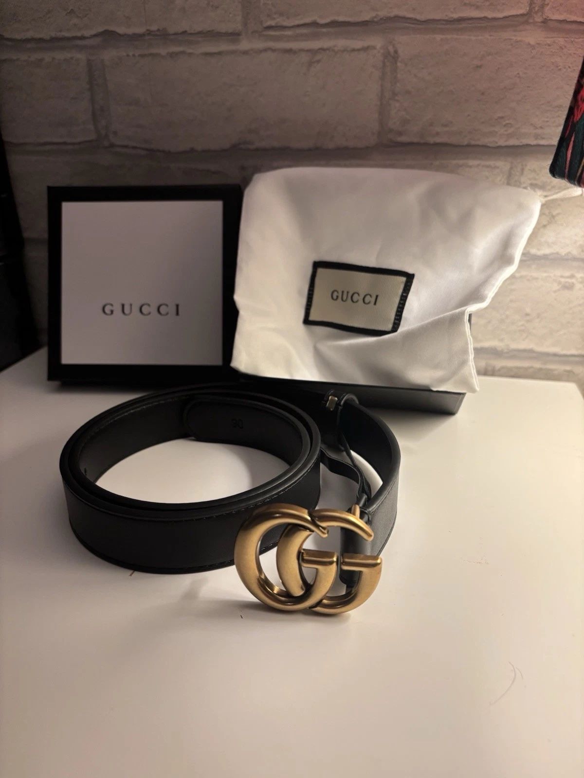 Gucci Women Classic Marmont GG Gold Buckle Width 3.0cm Black Leather Belt 90/363