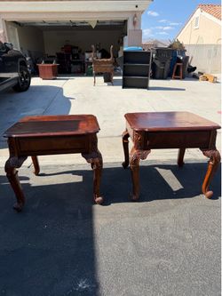 Vintage Carved Wood End Tables / Nightstands - Pair