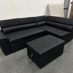 New! Contemporary Black Sectional, Black Faux Leather Sofa, L-Shaped Sofa With Pull-out Bed, Sofabed, Sectional Sofa Bed, Black Couch, Leatherette Sof