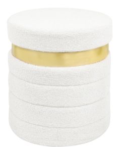 Round Foldable Ottoman Pouf - White Boucle with Gold Band, 17 Inch, New