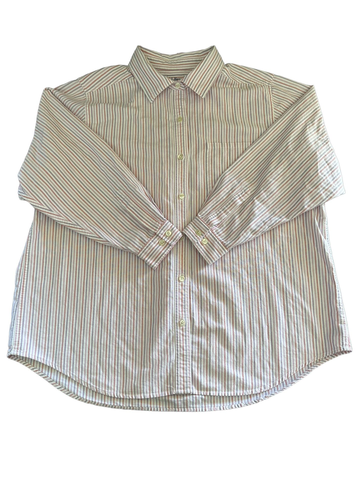 LL Bean Shirt Womens 2X Colorful Striped Pink & Violet Pastel Cuffed Button Up
