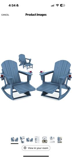 New in box Adirondack Rocking Chair Set of 2 with Ottoman and Cup Holders HDPE Porch Rocker, Blue , 024/029