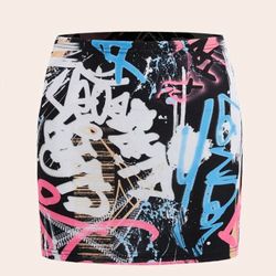 Grafitti Print Bodycon Skirt SMALL (4)