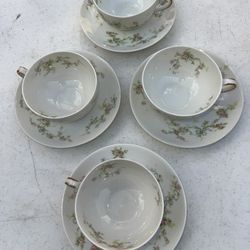 (4) Antique Theodore Haviland China Coffee Tea Cups & Saucers, Limoges France