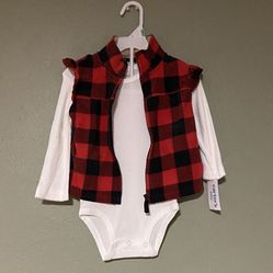 Brand New Carter’s White Long-Sleeved Onesie And Red & Black Checkered Fuzzy Vest - Size 18M
