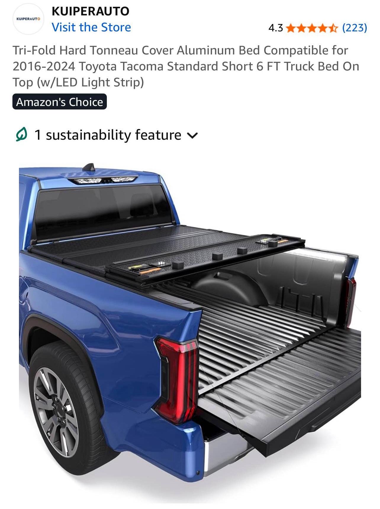 Tri-Fold Hard Tonneau Cover Aluminum Bed Compatible for 2016-2024 Toyota Tacoma (6 ft