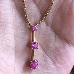 Gold Plated Silver Chain And Three Tier Hot Pink Sapphire Drop Necklace 
