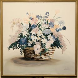 🌸 Hand-Painted Flower Canvas Painting Wall Art: A Stylish and Decorative bouquet of Floral Plants in Woven Basket.