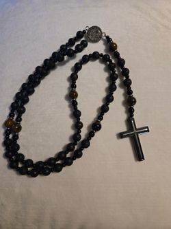 New Black and Brown Rosary with Cross and Saint Medal - 20 Inch