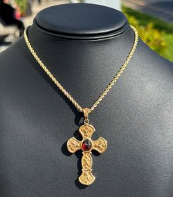 Jewelry 14k Hollow Yellow Gold Colored Red Ruby 2.00CT Cross Religious Pendant charm
