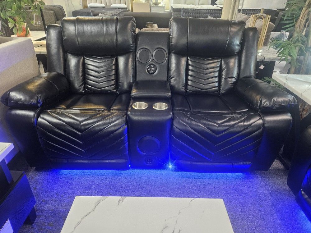Brand New Black Bonded Leather Power Reclining Lovesat With Bluetooth Speakers, Subwoofer, USB