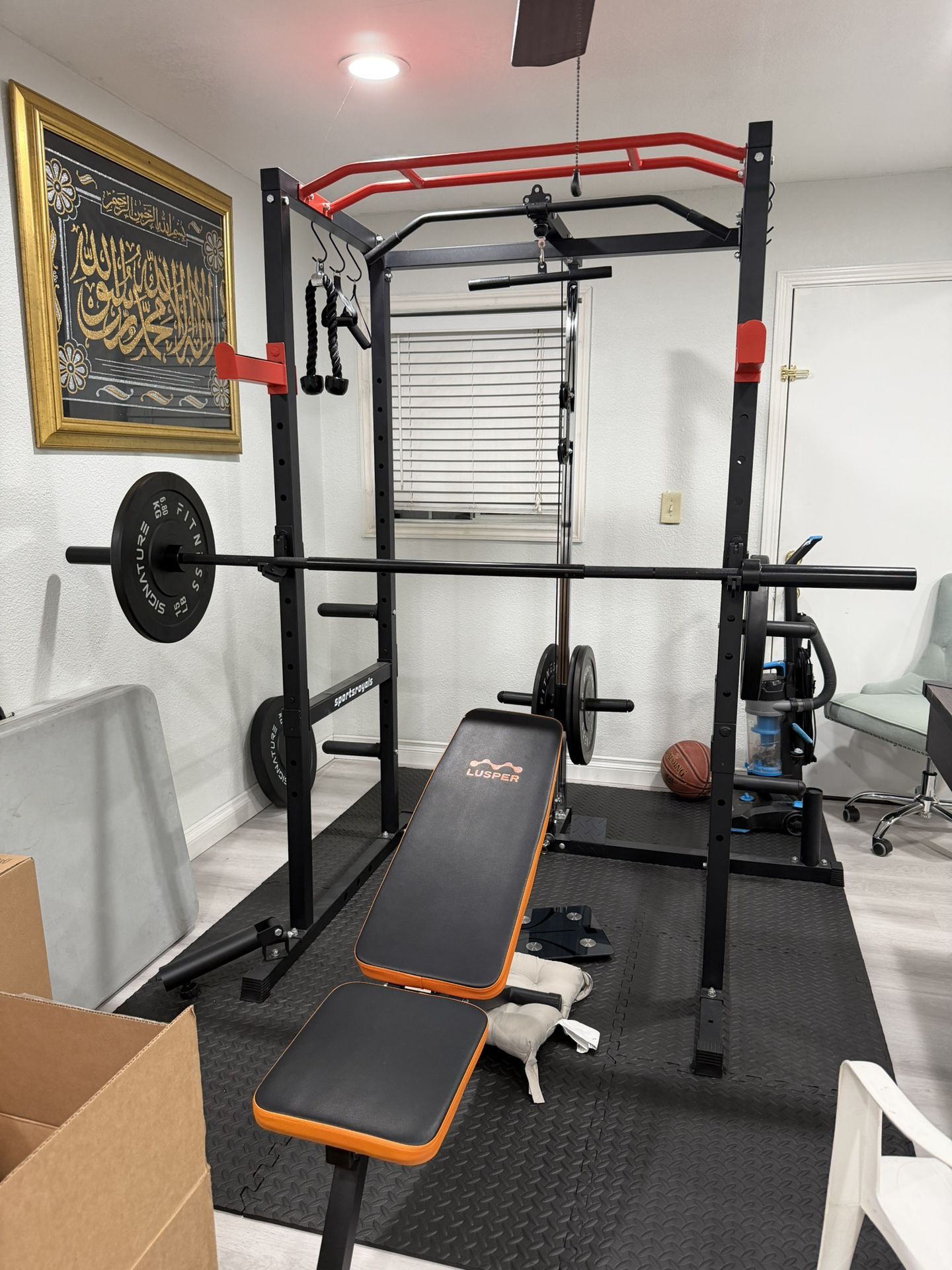 Workout Rack + Weights + Bench + Bar + Attachments