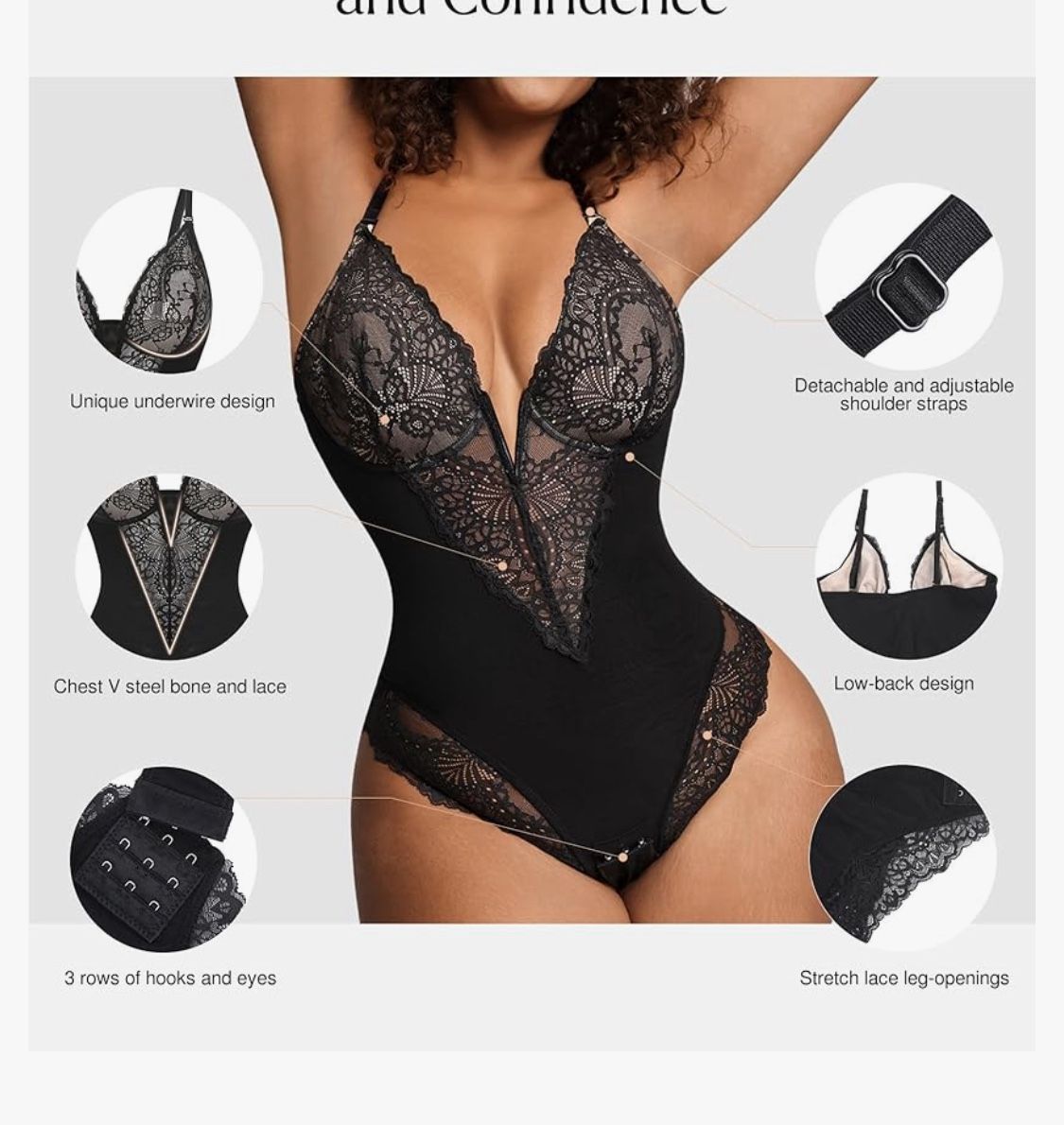 Popilush Lace Shapewear Bodysuit Tummy Control Corset Tops V Neck Sleeveless Backless Body Suit Thongs