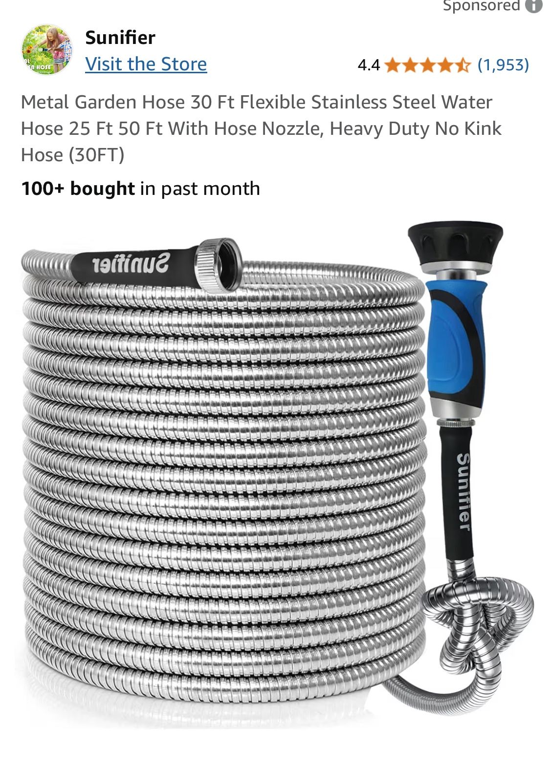 Sunifier New Stainless Steel Metal Garden Hose 30’