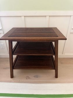 Dark Wood Slatted Side Table with Shelves