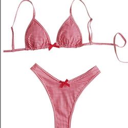 BEAUDRM Women's 2 Piece Y2K Gingham Bikini Sets Plaid Bow Triangle Bathing Suit Checkered Bikini Coquette Swimsuit Red And White X-Small