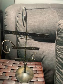 3 multi-tiered, brass-colored metal jewelry and earring stand organizer with a round  bottom